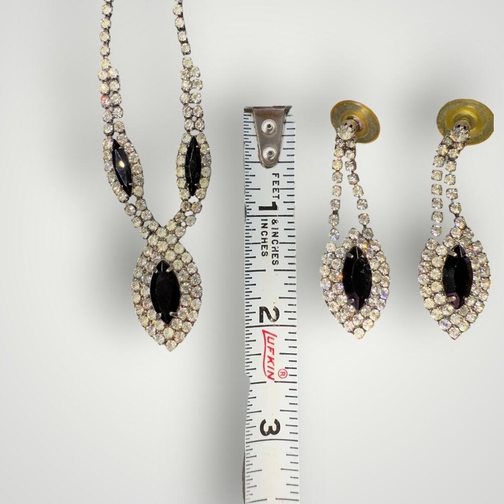 1950s 1960s Rhinestone Necklace Earrings Set Black Glass Teardrop Dangle - Picture 7 of 8